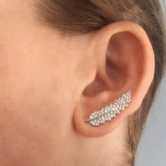 Sparkly Feather Ear Crawler Silver Tone Earrings, Angel Wings, Leaf Studs Gift - Picture 9 of 10